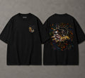 Black oversized anime t-shirt mockup with small front chest graphic and large back graphic