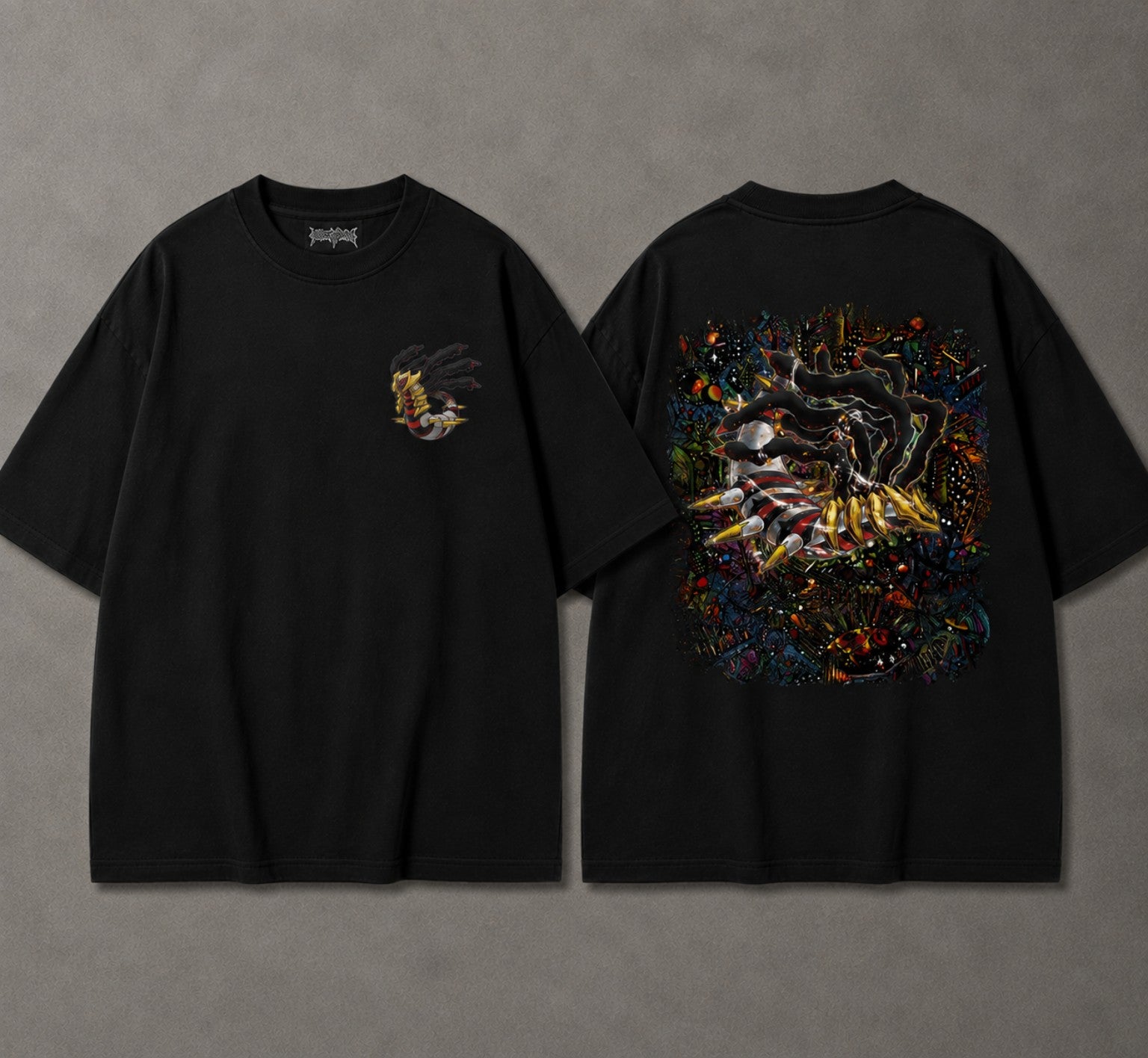 Black oversized anime t-shirt mockup with small front chest graphic and large back graphic