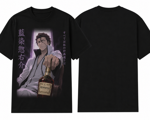 Black anime-inspired Aizen shirt with Hennessy bottle
