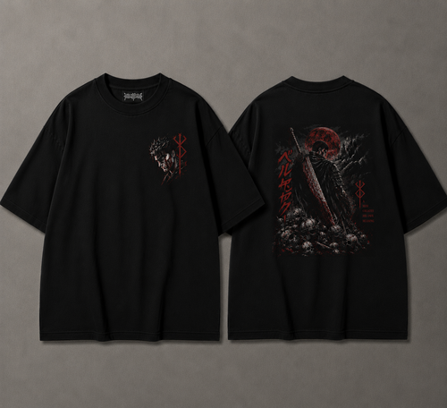 Black anime graphic T-shirt front and back with blue-haired anime artwork