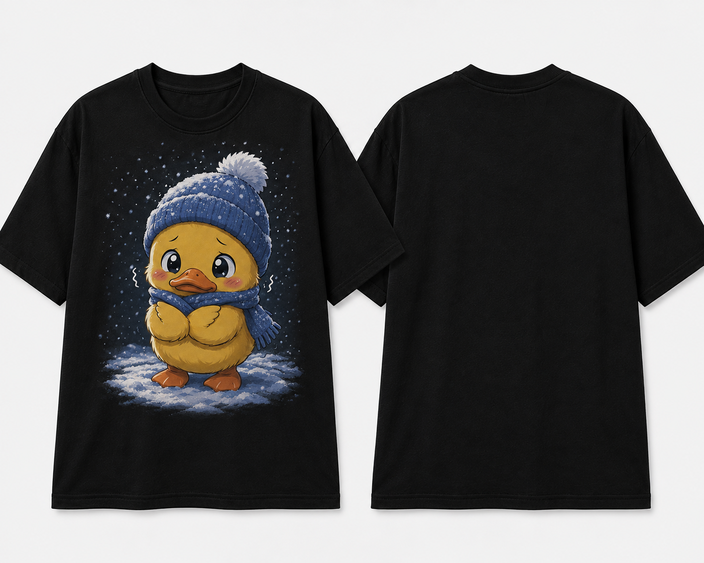 Black T-shirt with a cute cartoon duck bundled up in winter clothing