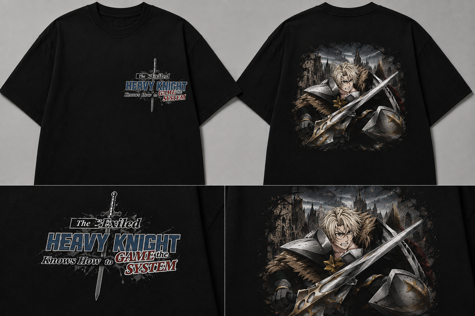 The Exiled Heavy Knight anime-inspired black T-shirt front and back