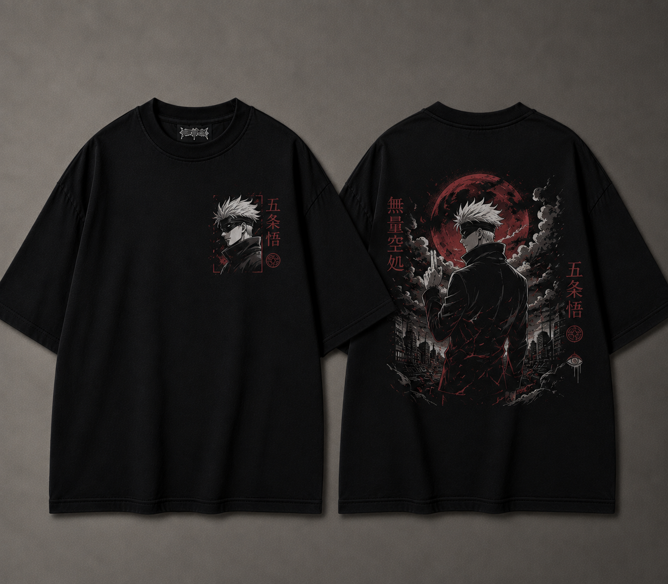 Black anime graphic T-shirt front and back