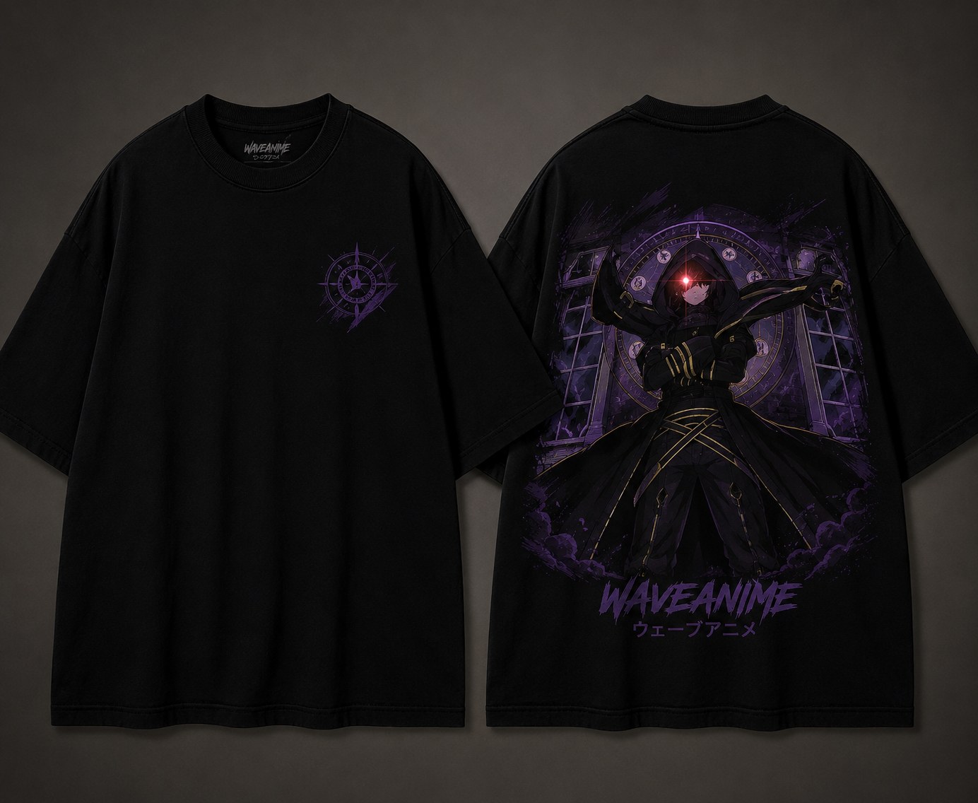 Black anime shirt front and back with hooded mage artwork