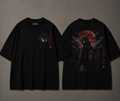 Black anime graphic T-shirt front and back with red Itachi-inspired artwork
