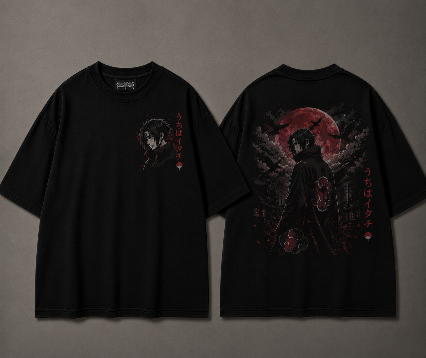 Black anime graphic T-shirt front and back with red Itachi-inspired artwork