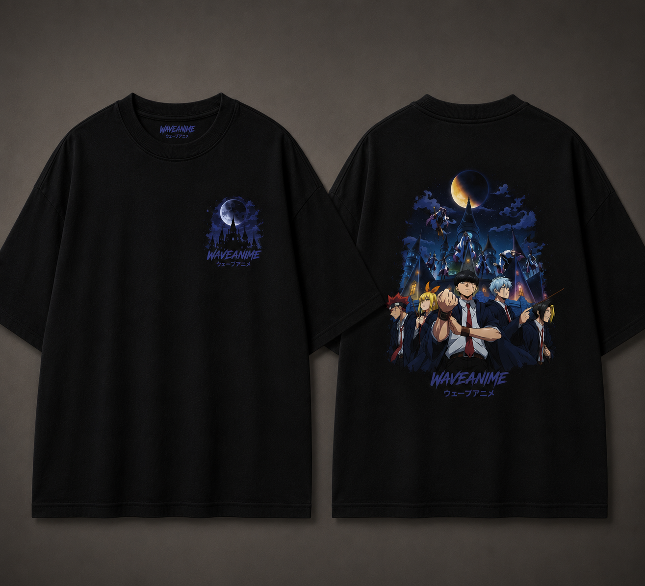 Black anime shirt front and back with moonlit magic academy artwork