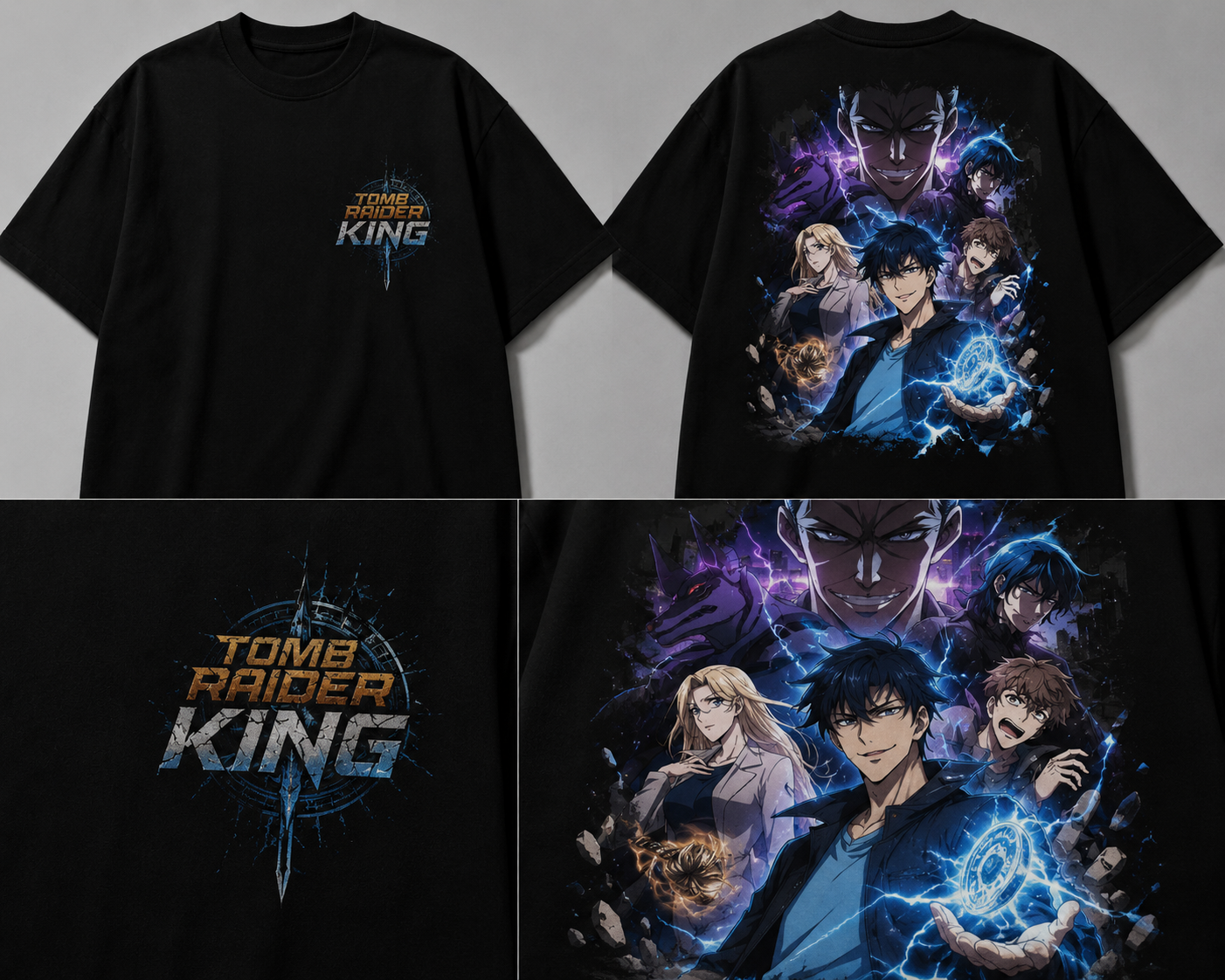 Tomb Raider King anime-inspired black T-shirt front and back