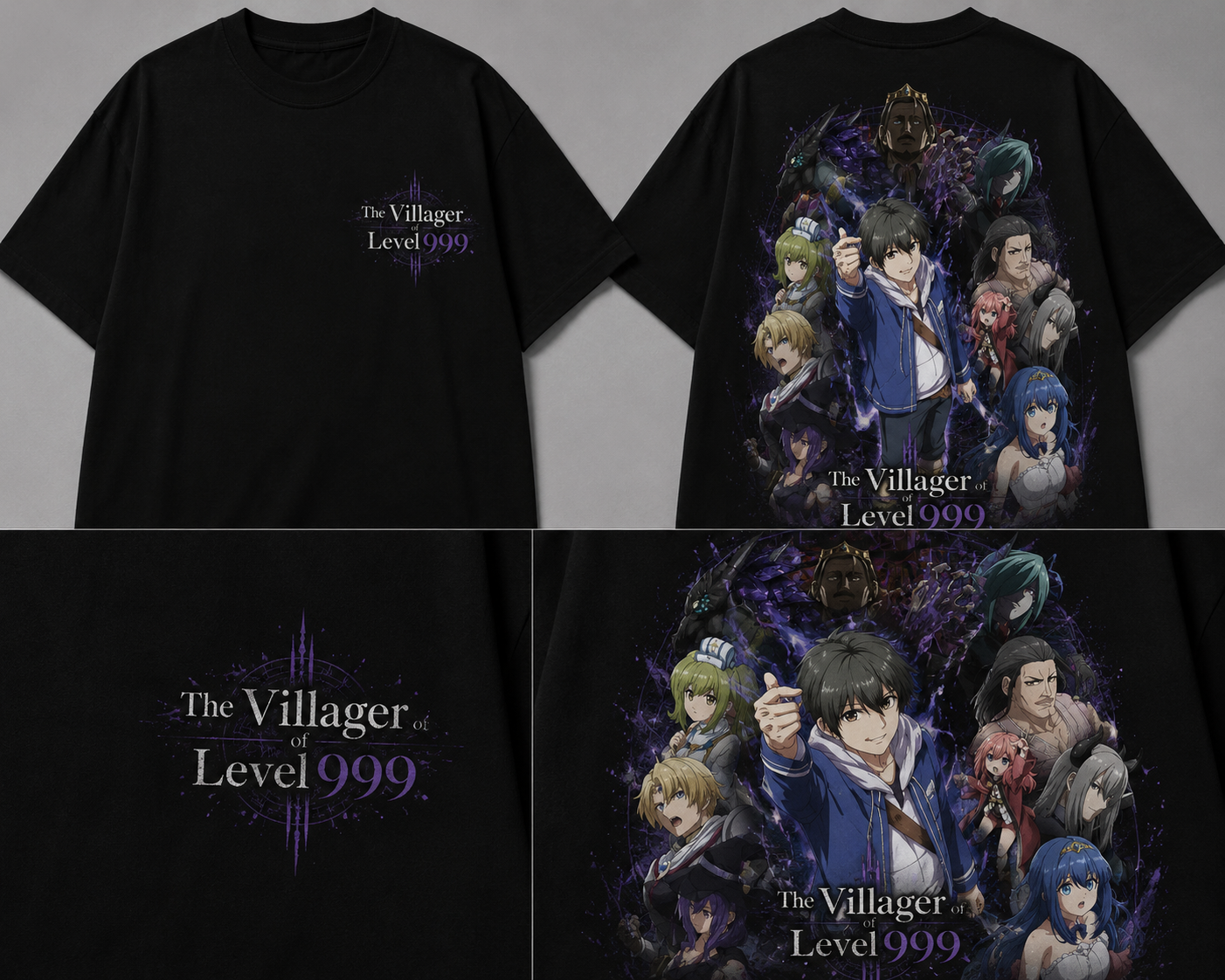 The Villager of Level 999 anime-inspired black T-shirt front and back