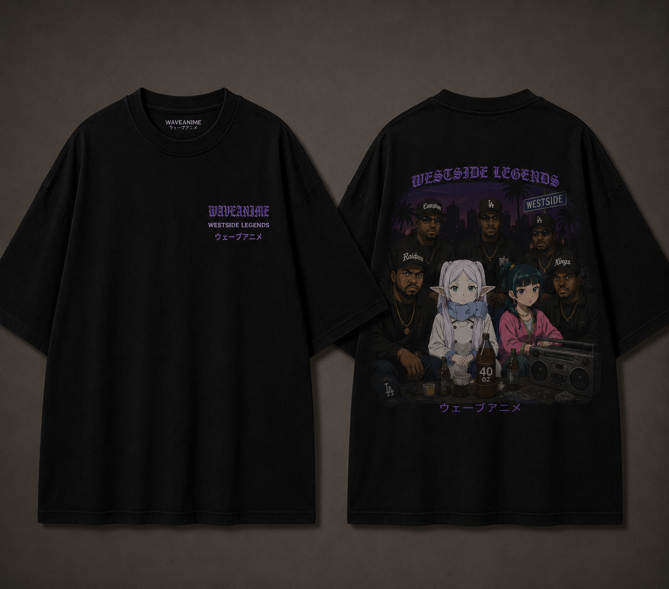 Black WaveAnime shirt front and back with anime west coast street scene